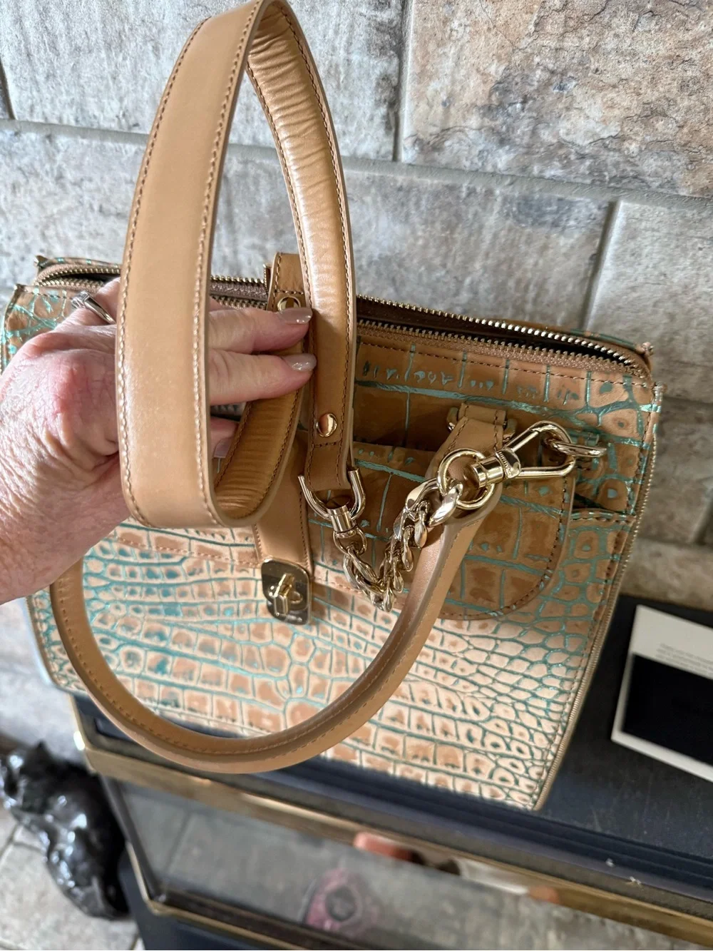 Brahmin Taupe Croc-Embossed Small Caroline Leather Satchel